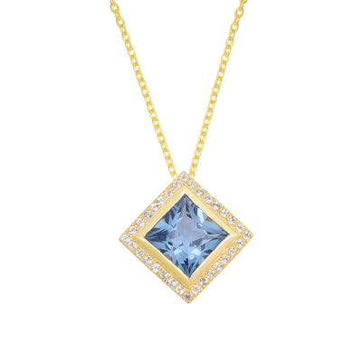 Blue Topaz Square Halo Silver Necklace