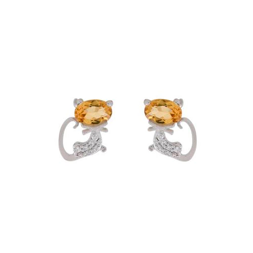 Oval Citrine Dainty Cat Earring