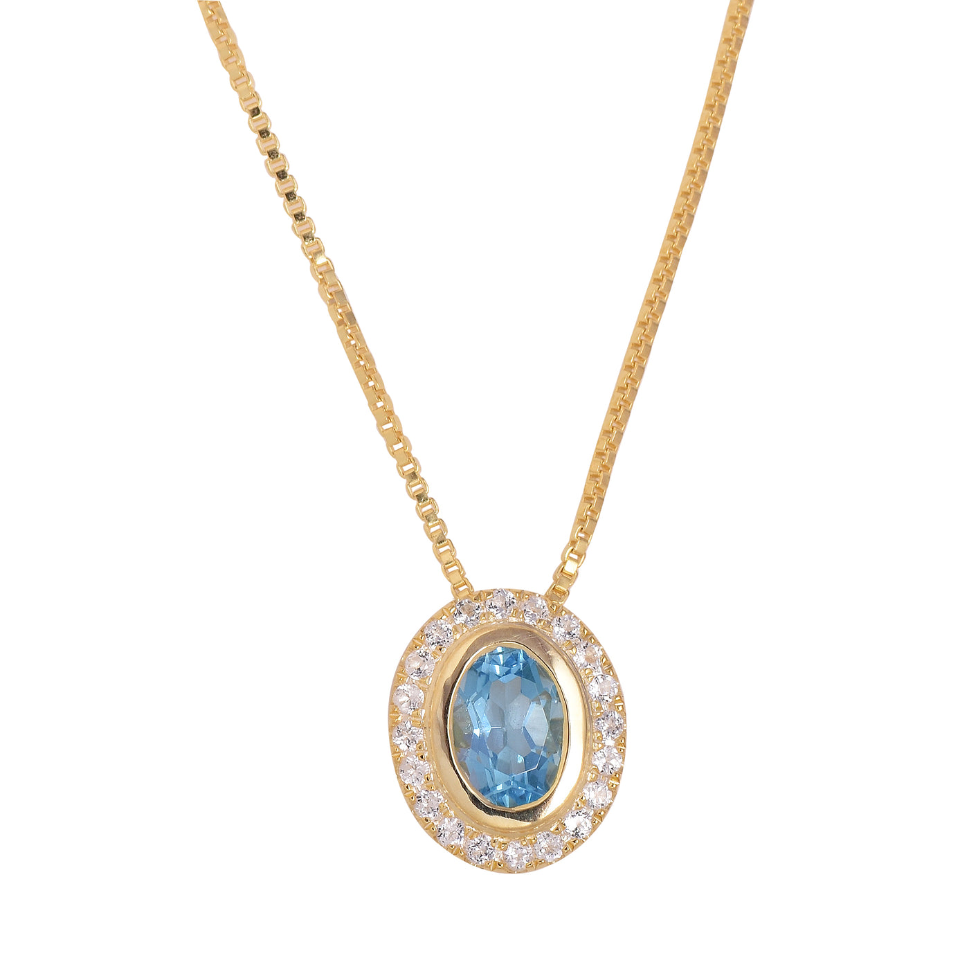 Oval Blue Topaz Halo Necklace