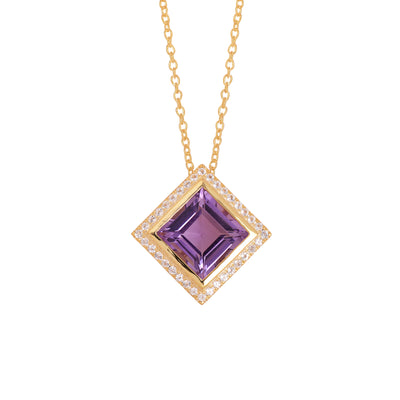 Amethyst Square Diamond Halo Necklace