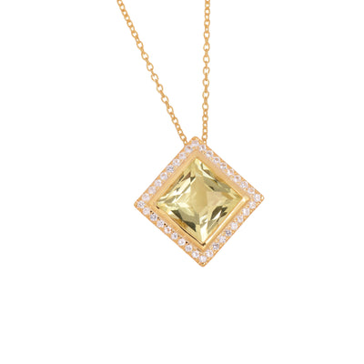 Lemon Quartz Square Halo Necklace