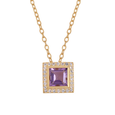 Amethyst Square Silver Halo Necklace