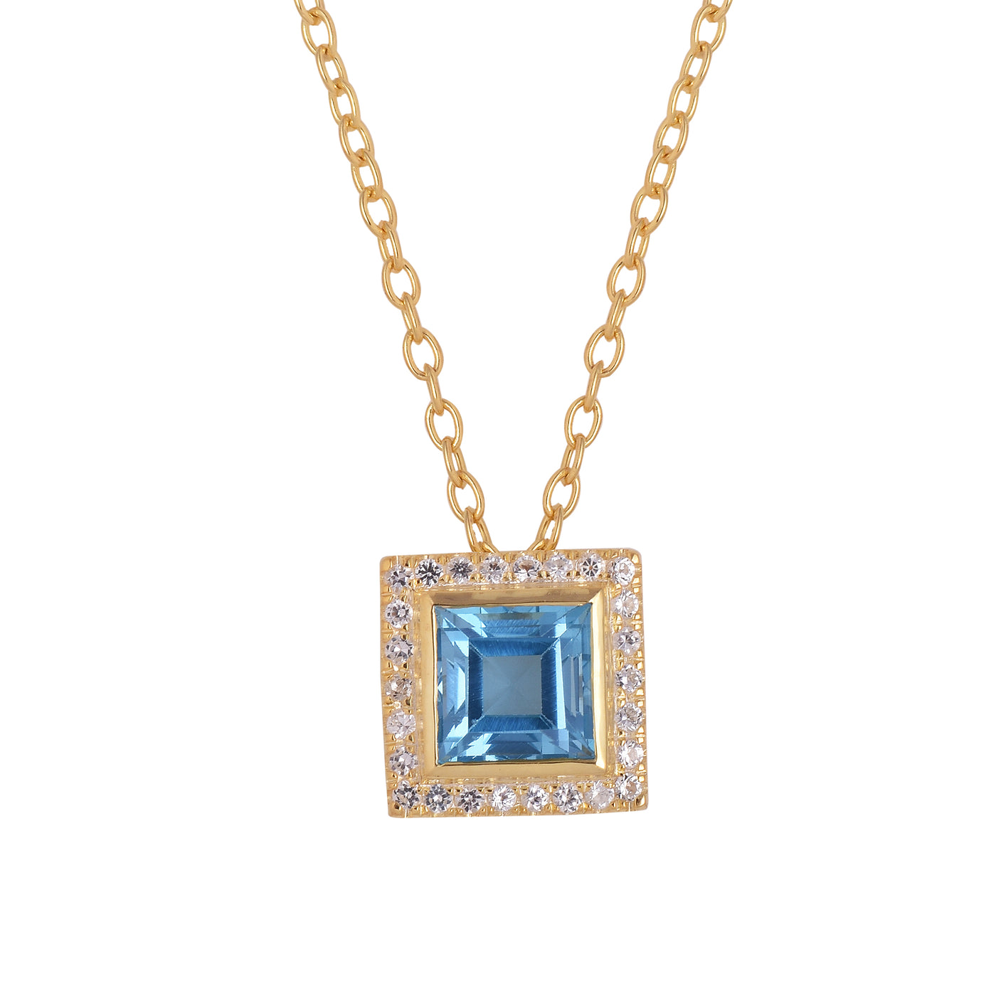 Blue Topaz Square Halo Chain Necklace