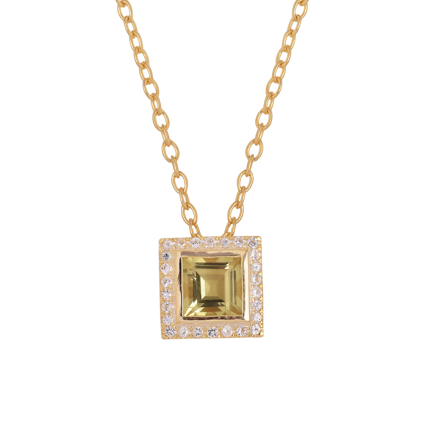 Square Lemon Quartz Halo Chain Necklace