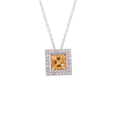 Citrine Square Halo Silver Necklace