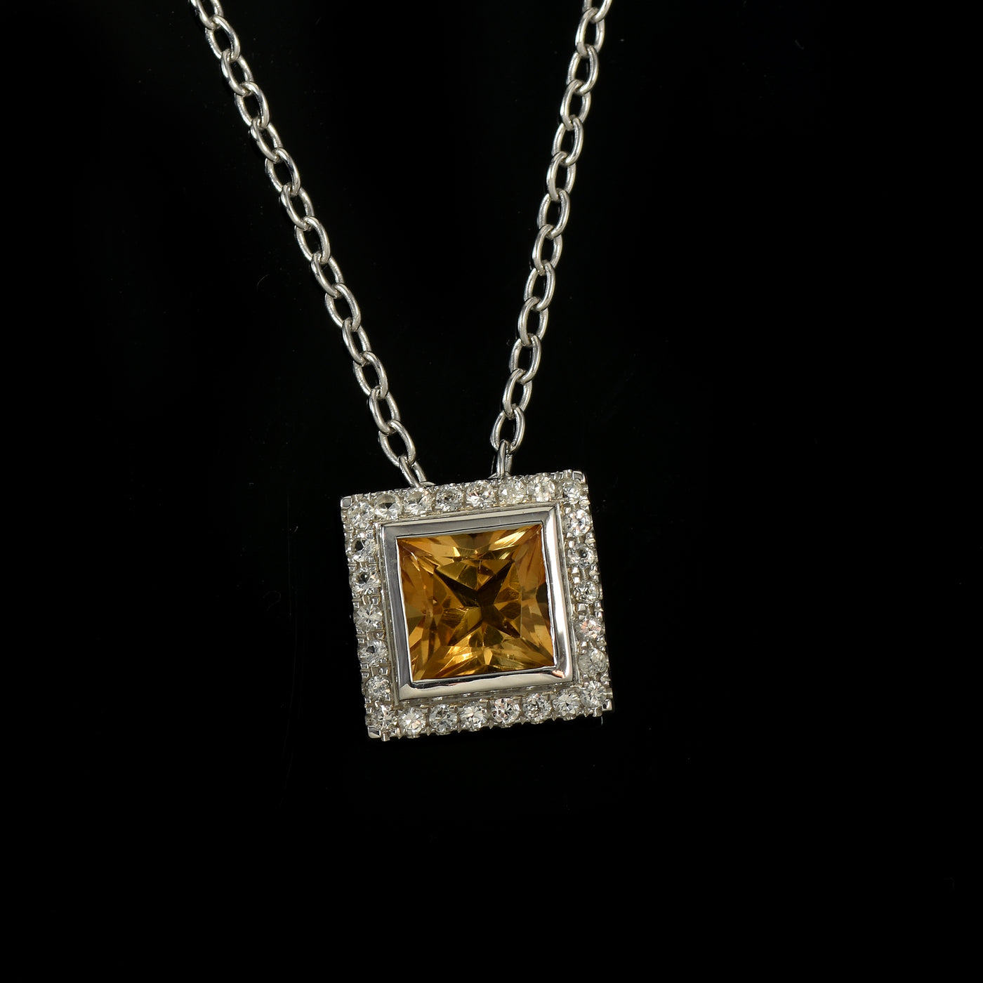 Citrine Square Halo Silver Necklace