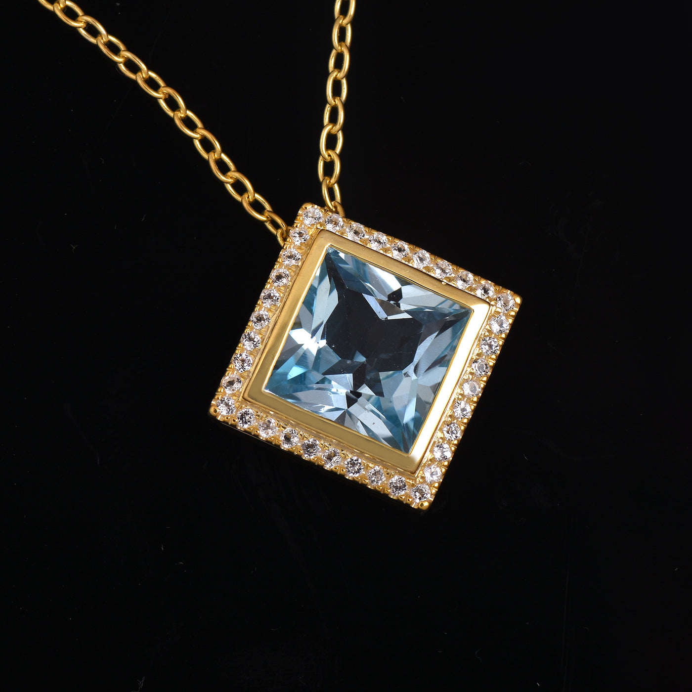 Blue Topaz Square Halo Silver Necklace