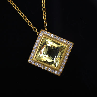 Lemon Quartz Square Halo Necklace