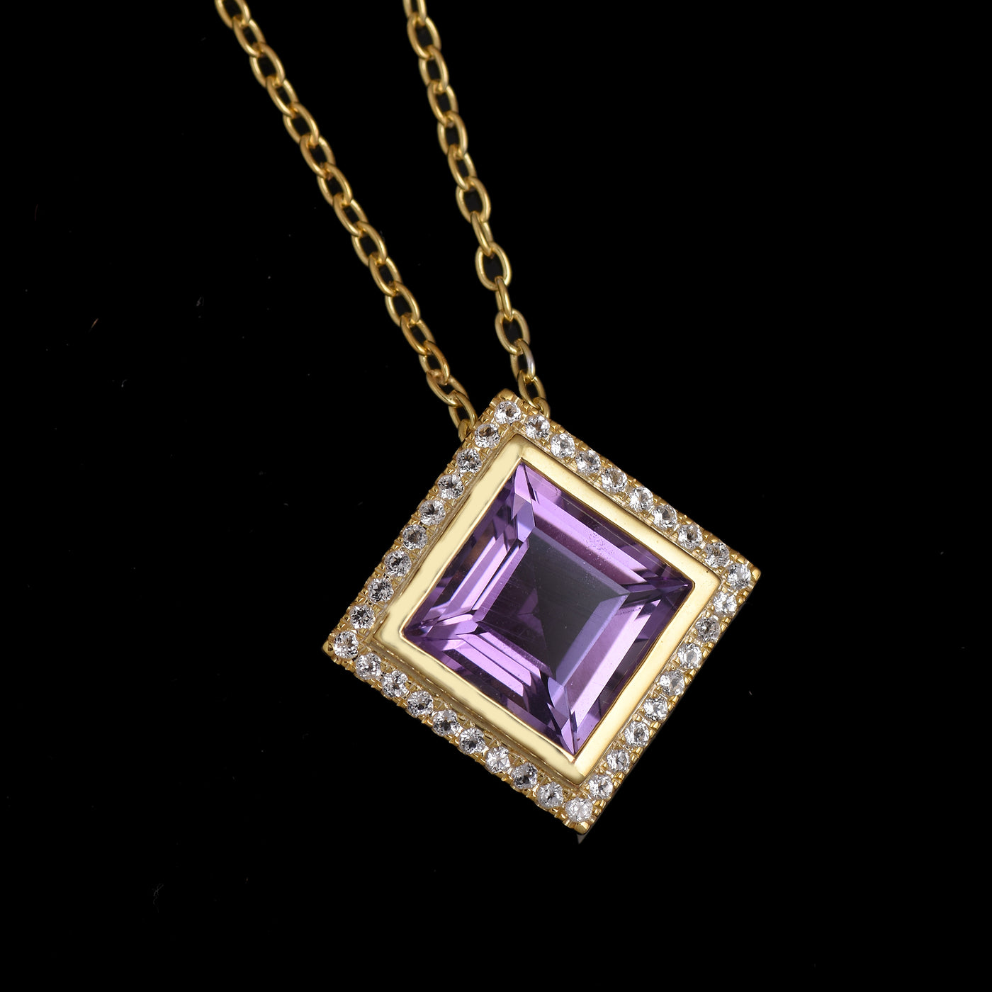 Amethyst Square Diamond Halo Necklace