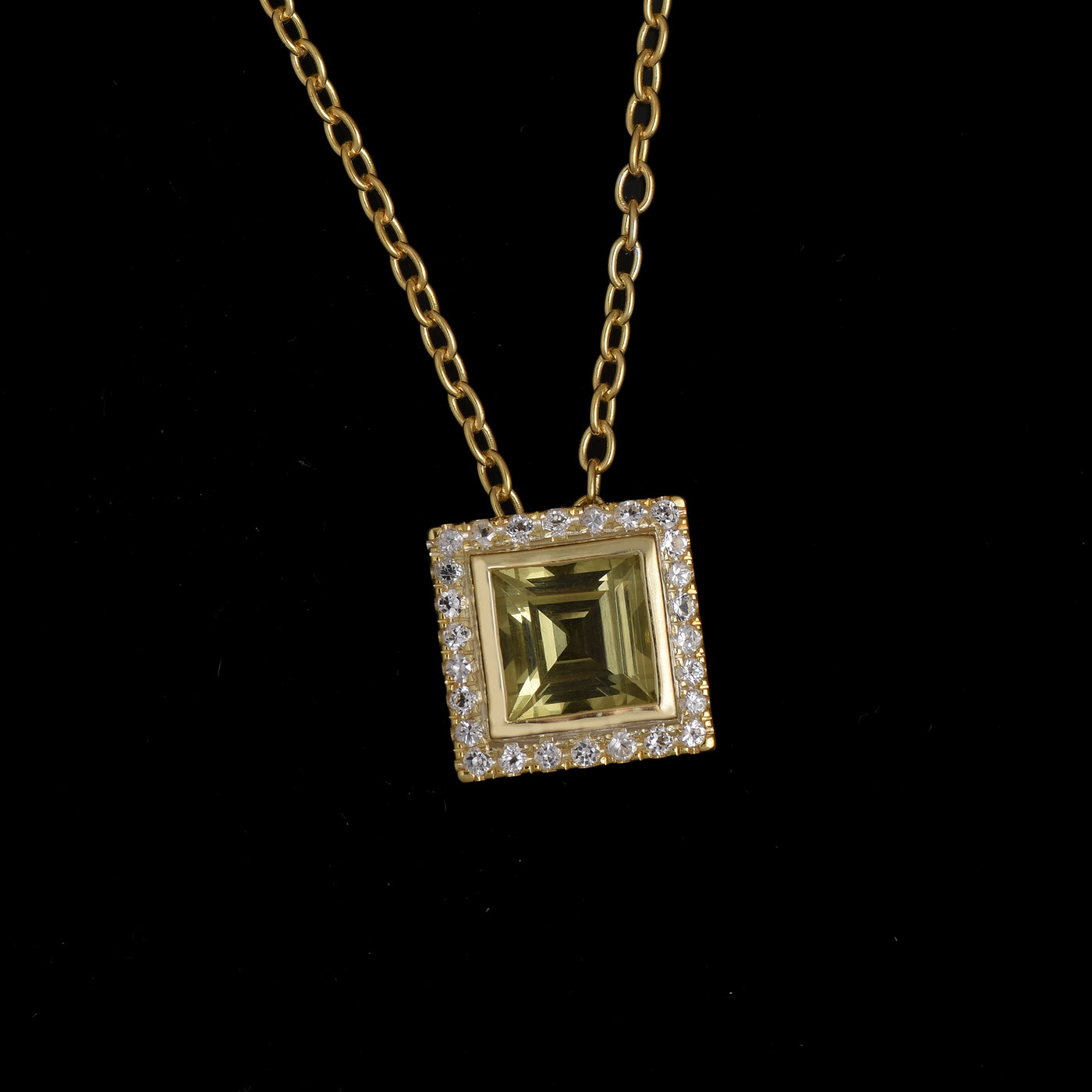 Square Lemon Quartz Halo Chain Necklace