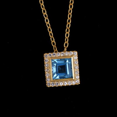 Blue Topaz Square Halo Chain Necklace