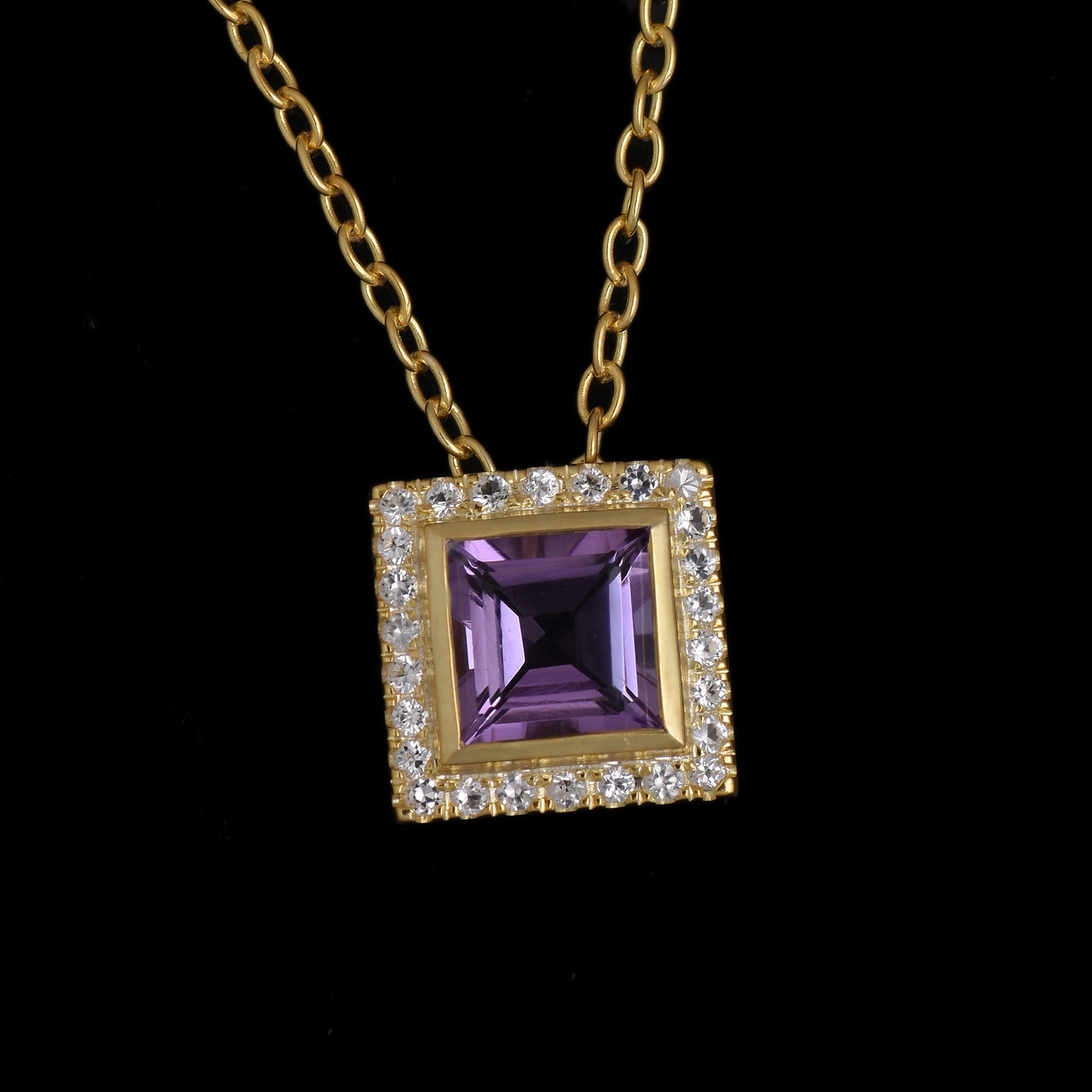 Amethyst Square Silver Halo Necklace