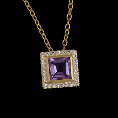 Amethyst Square Silver Halo Necklace