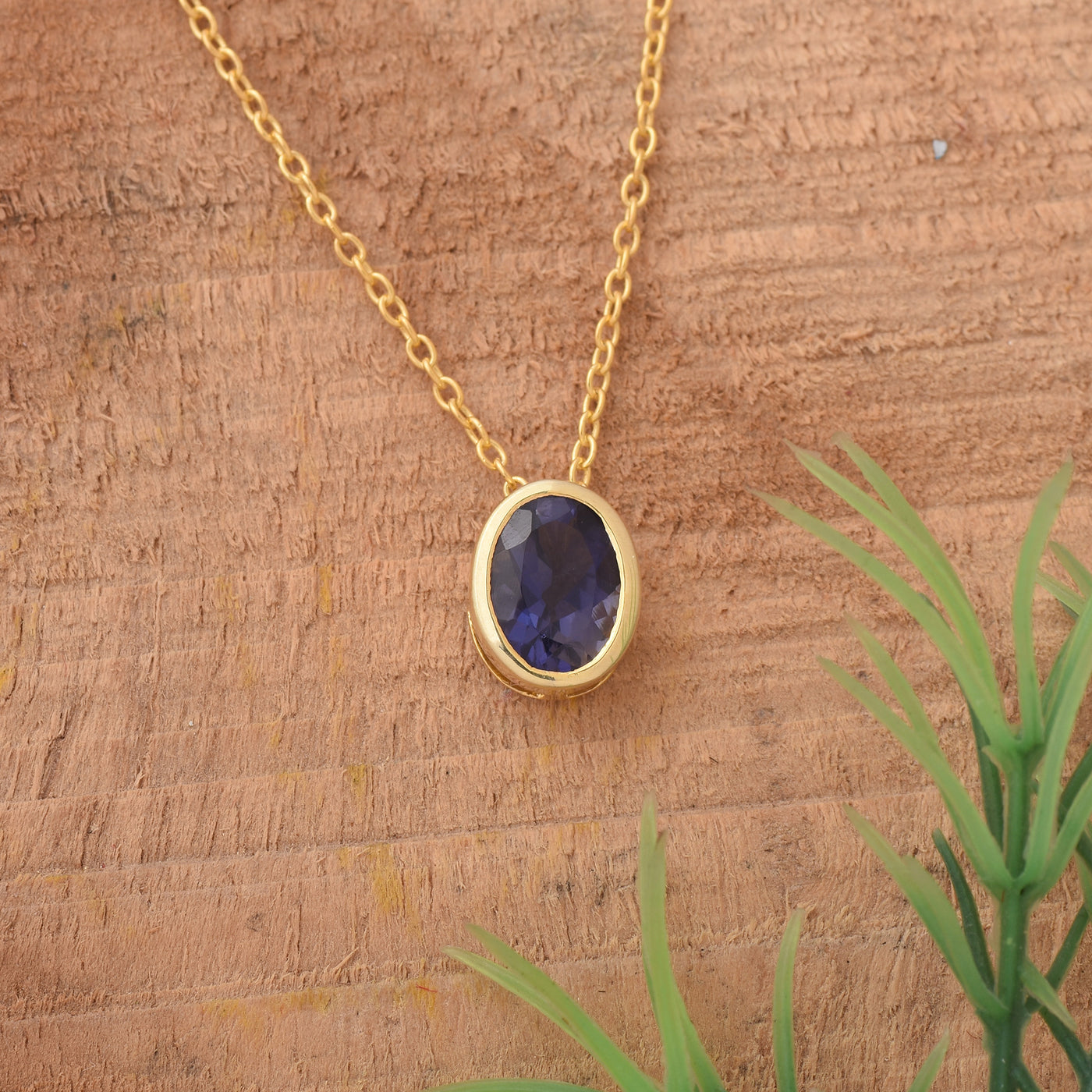 Oval Iolite Solitaire Chain  Necklace