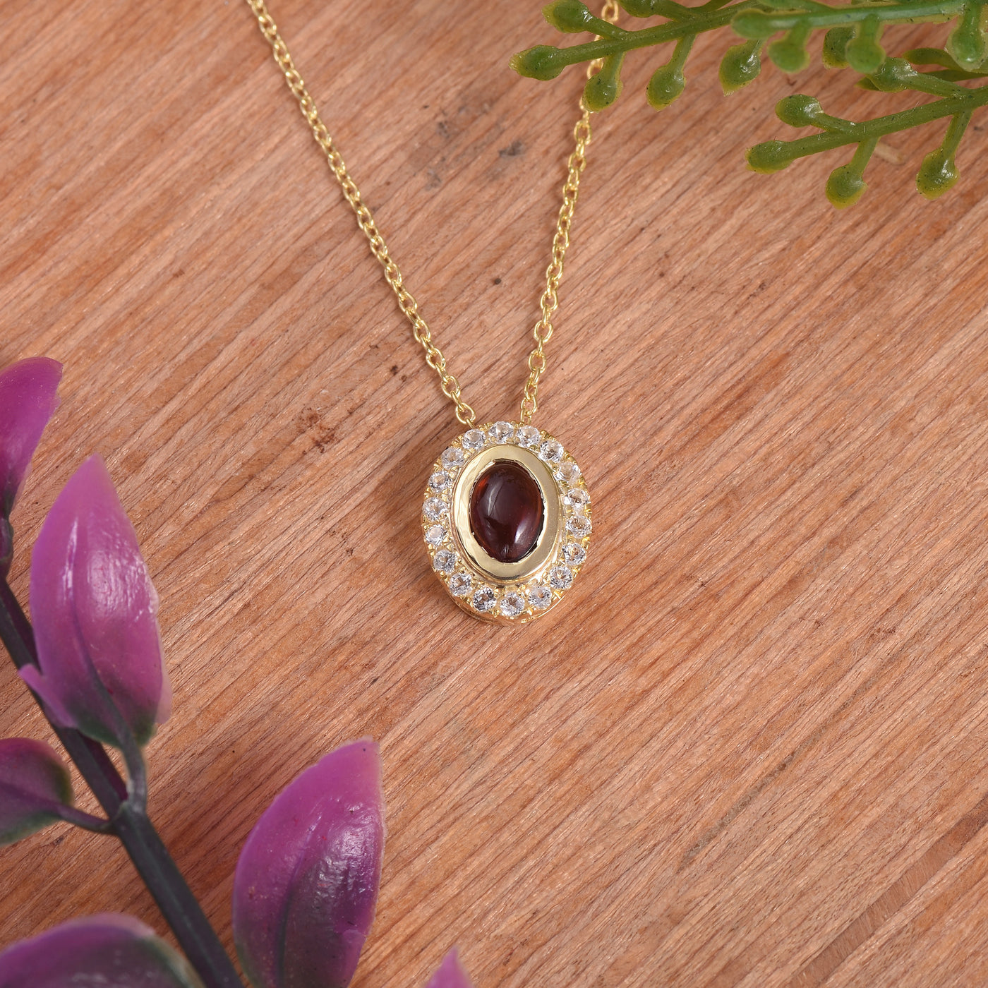 Garnet Oval Halo Chain Necklace