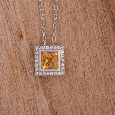 Citrine Square Halo Silver Necklace