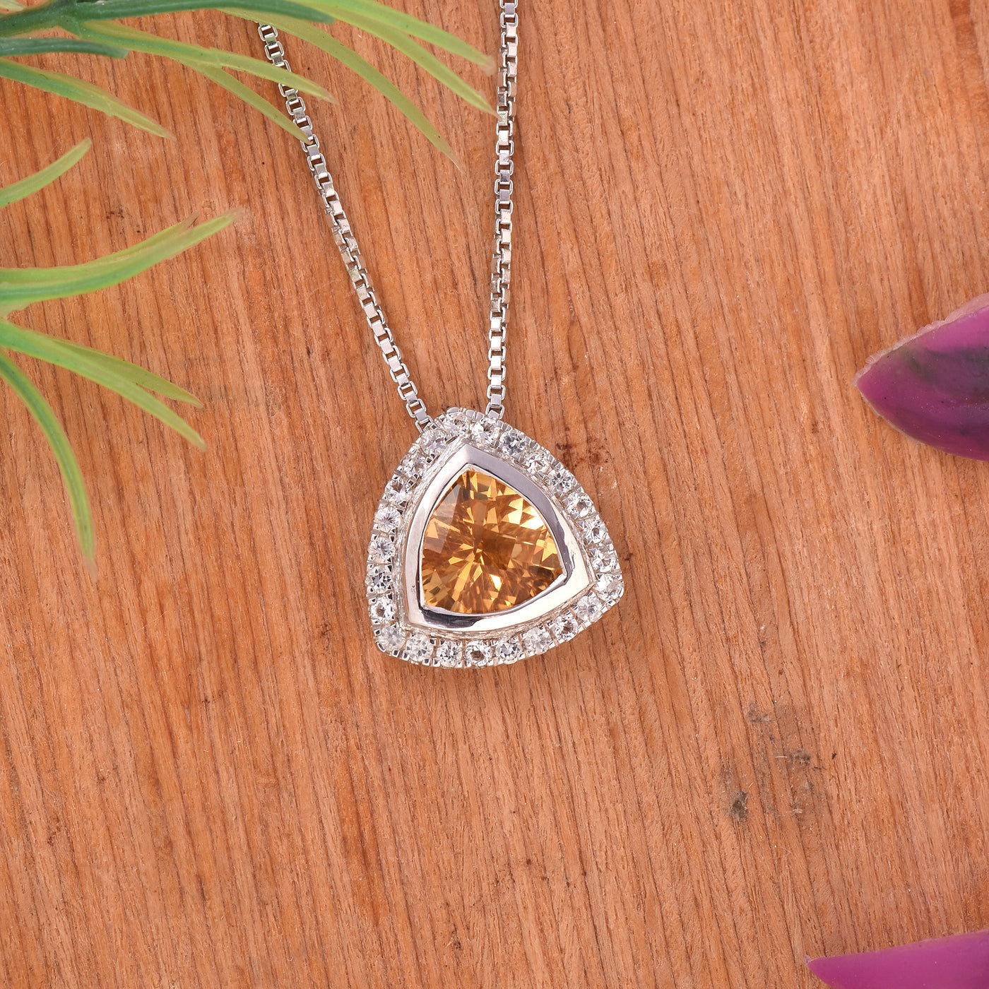 Citrine Trillion Silver Halo Necklace