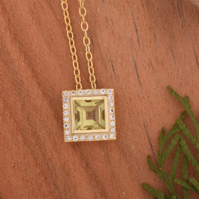 Square Lemon Quartz Halo Chain Necklace