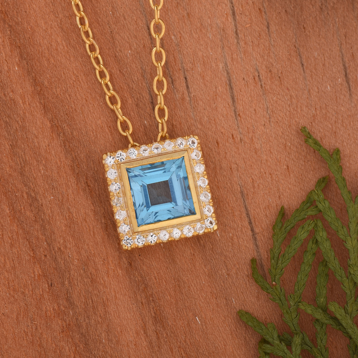 Blue Topaz Square Halo Chain Necklace