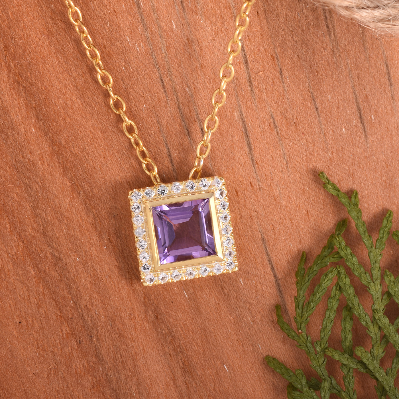 Amethyst Square Silver Halo Necklace