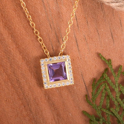 Amethyst Square Silver Halo Necklace