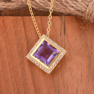 Amethyst Square Diamond Halo Necklace