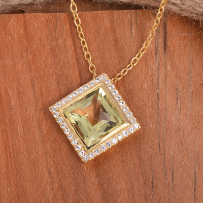 Lemon Quartz Square Halo Necklace