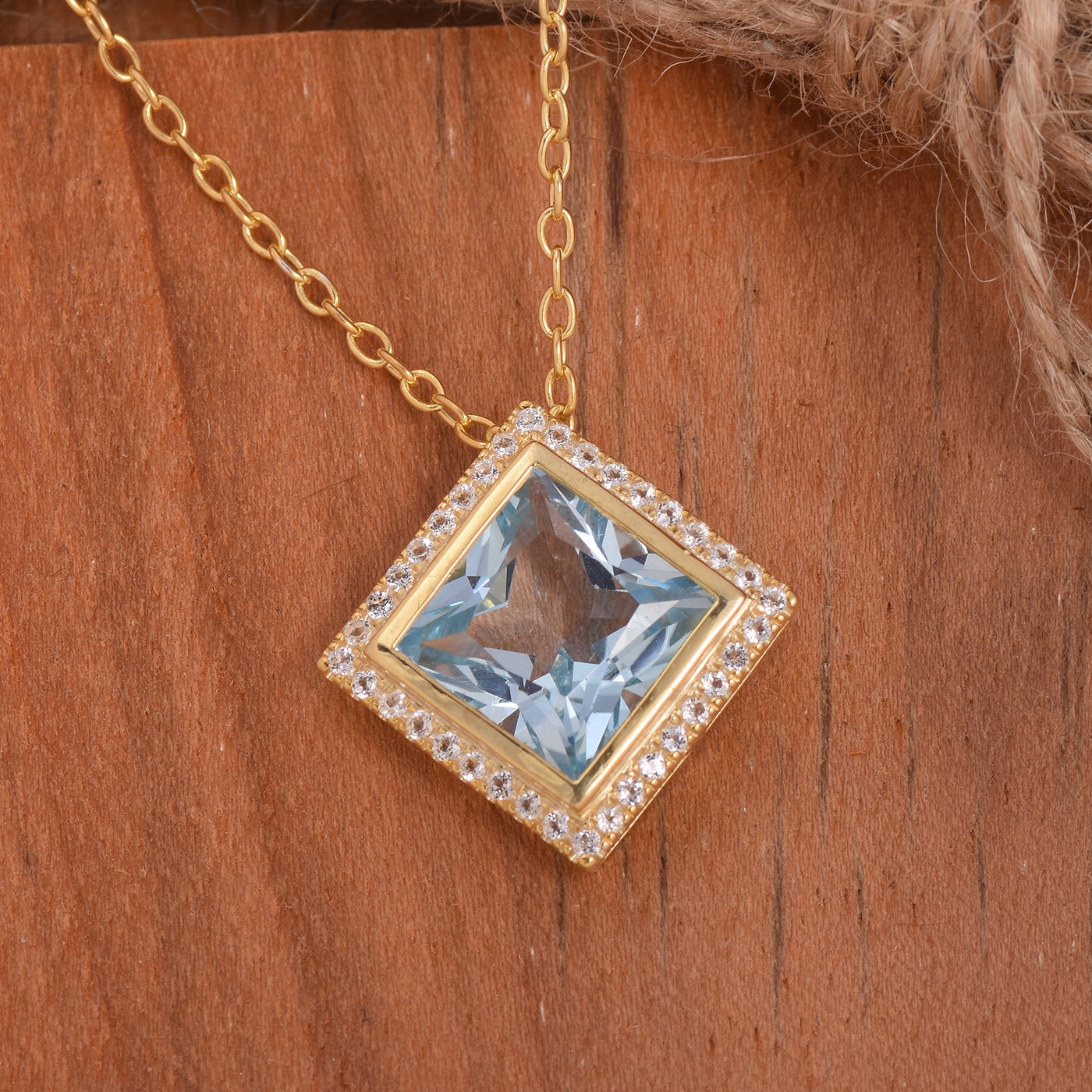 Blue Topaz Square Halo Silver Necklace