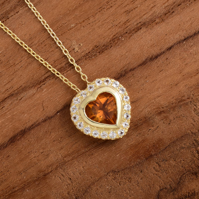 Citrine Heart Halo Silver Necklace