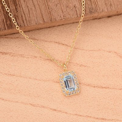 Octagon Blue Topaz Diamond Halo Necklace