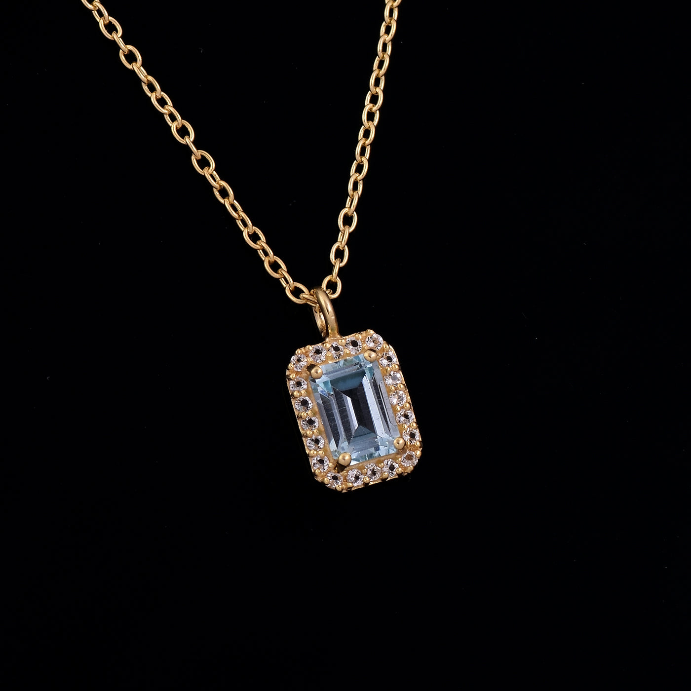 Octagon Blue Topaz Diamond Halo Necklace