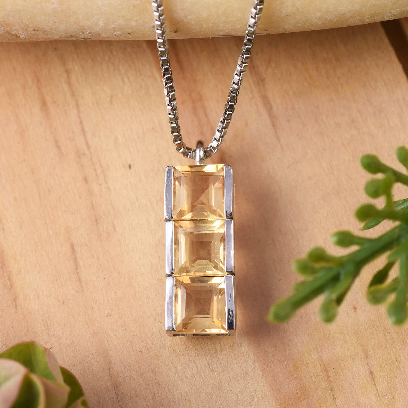 Square Citrine Trio Bar Necklace