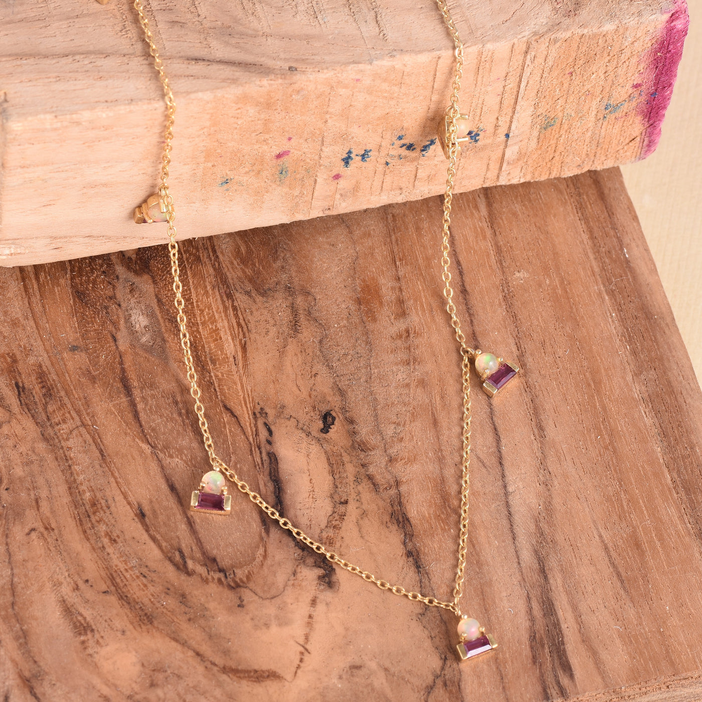 Opal and Rhodolite Droplets Necklace