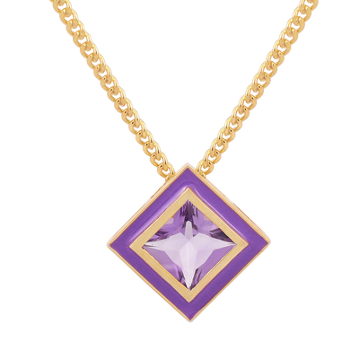 Square Amethyst Enamel Dainty Necklace