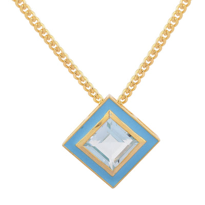 Square Blue Topaz Enamel Chain Necklace