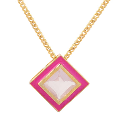 Square Rose Quartz Enamel Hued Necklace