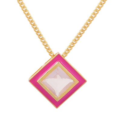 Square Rose Quartz Enamel Hued Necklace