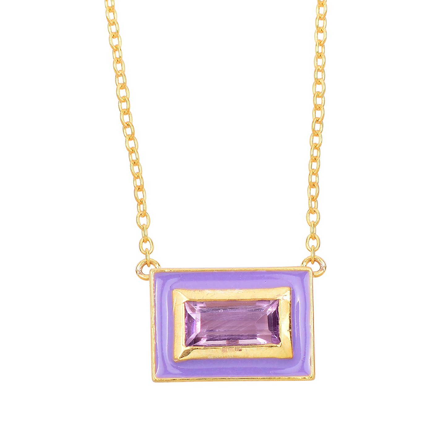 Baguette Amethyst Enamel Silver Chain Necklace