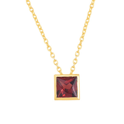 Square Garnet Solitaire Silver Necklace