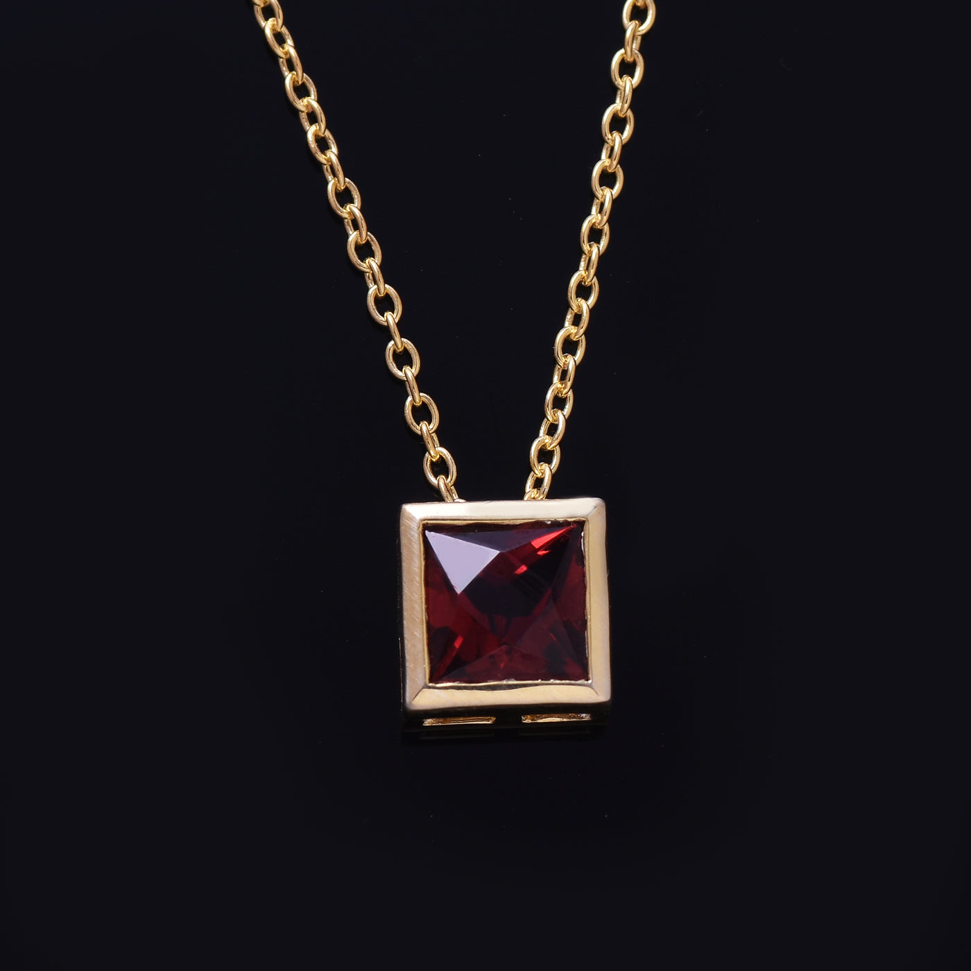 Square Garnet Solitaire Silver Necklace