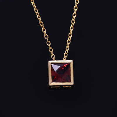 Square Garnet Solitaire Silver Necklace