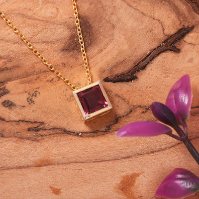 Square Garnet Solitaire Silver Necklace