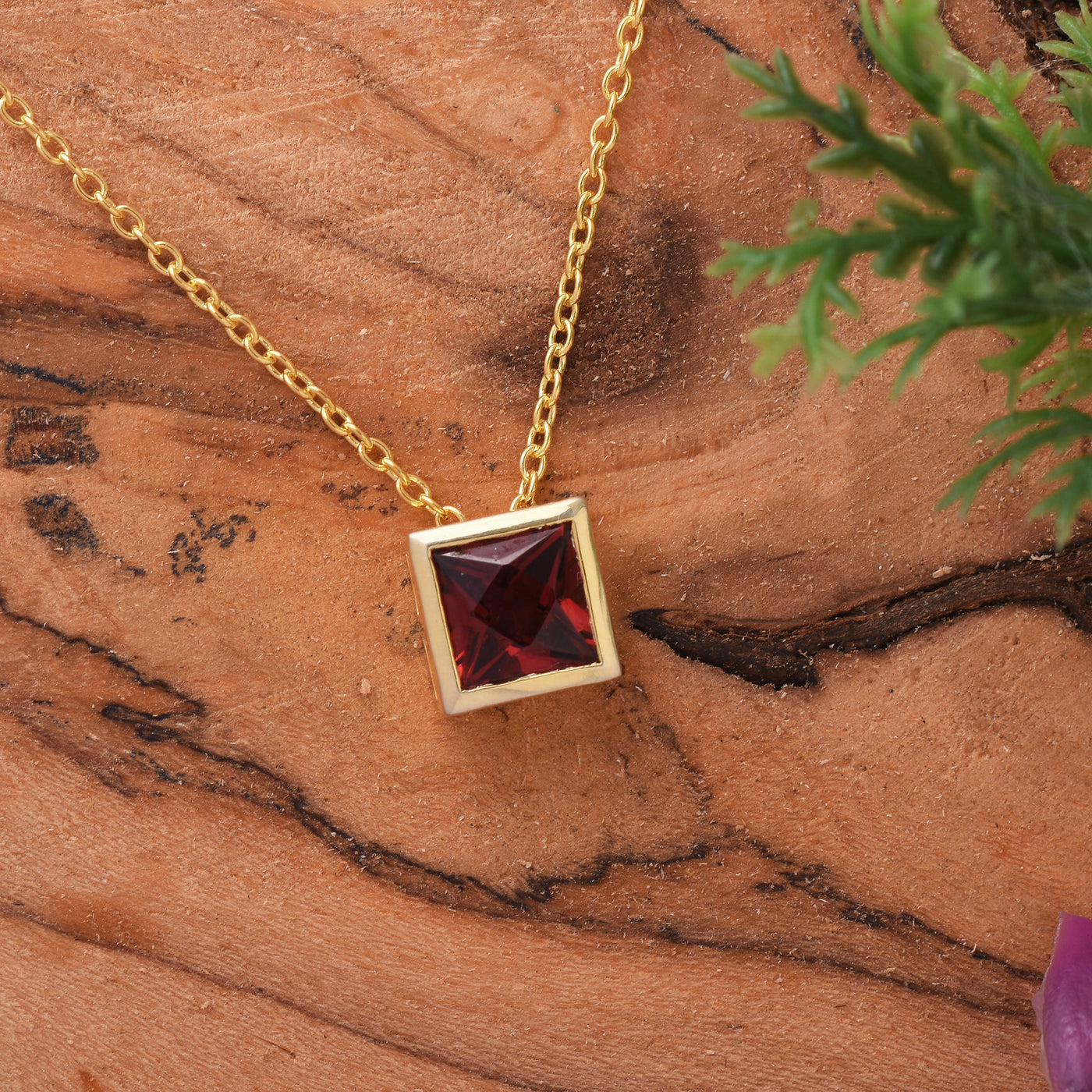 Square Garnet Solitaire Silver Necklace