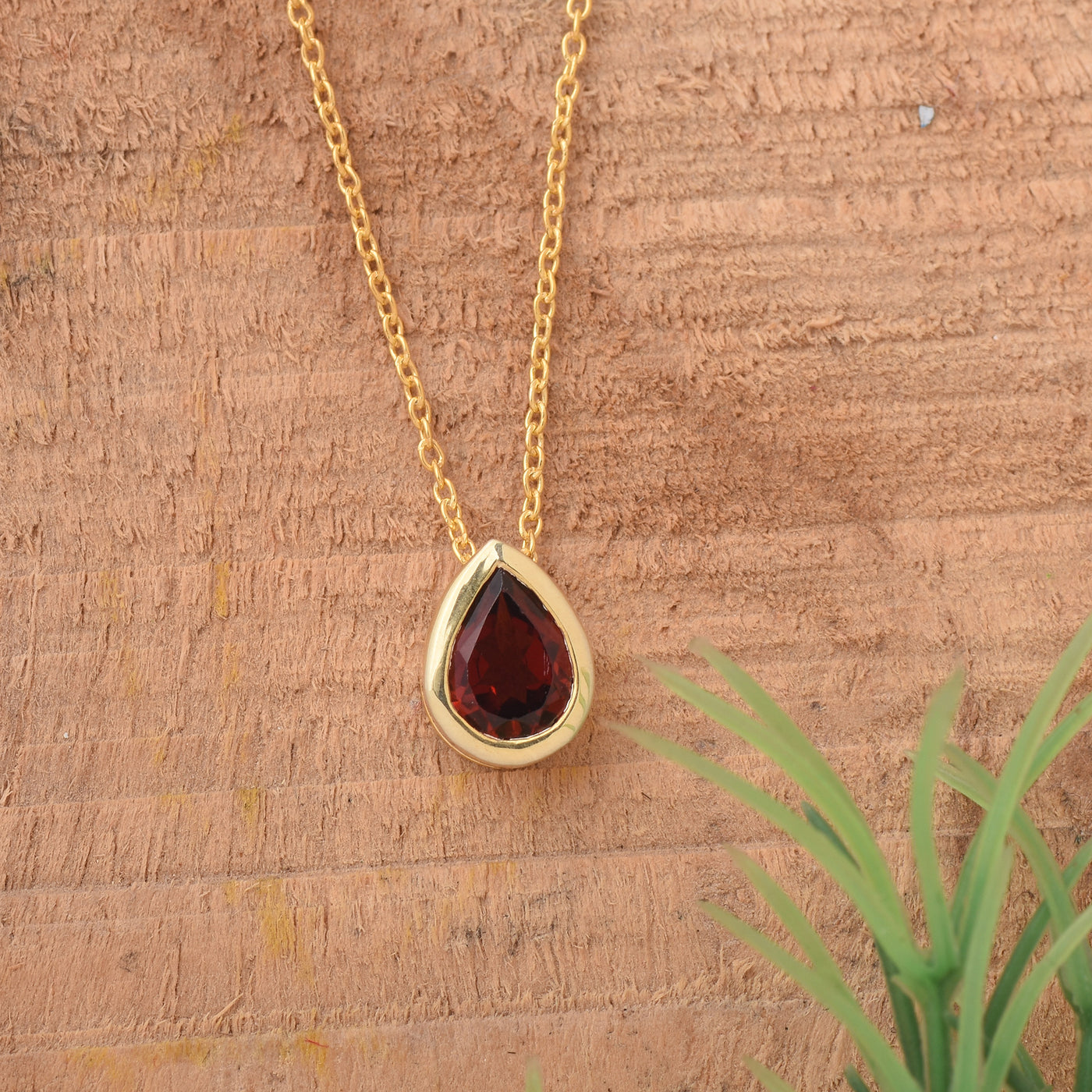 Pear Garnet Solitaire Dainty Necklace