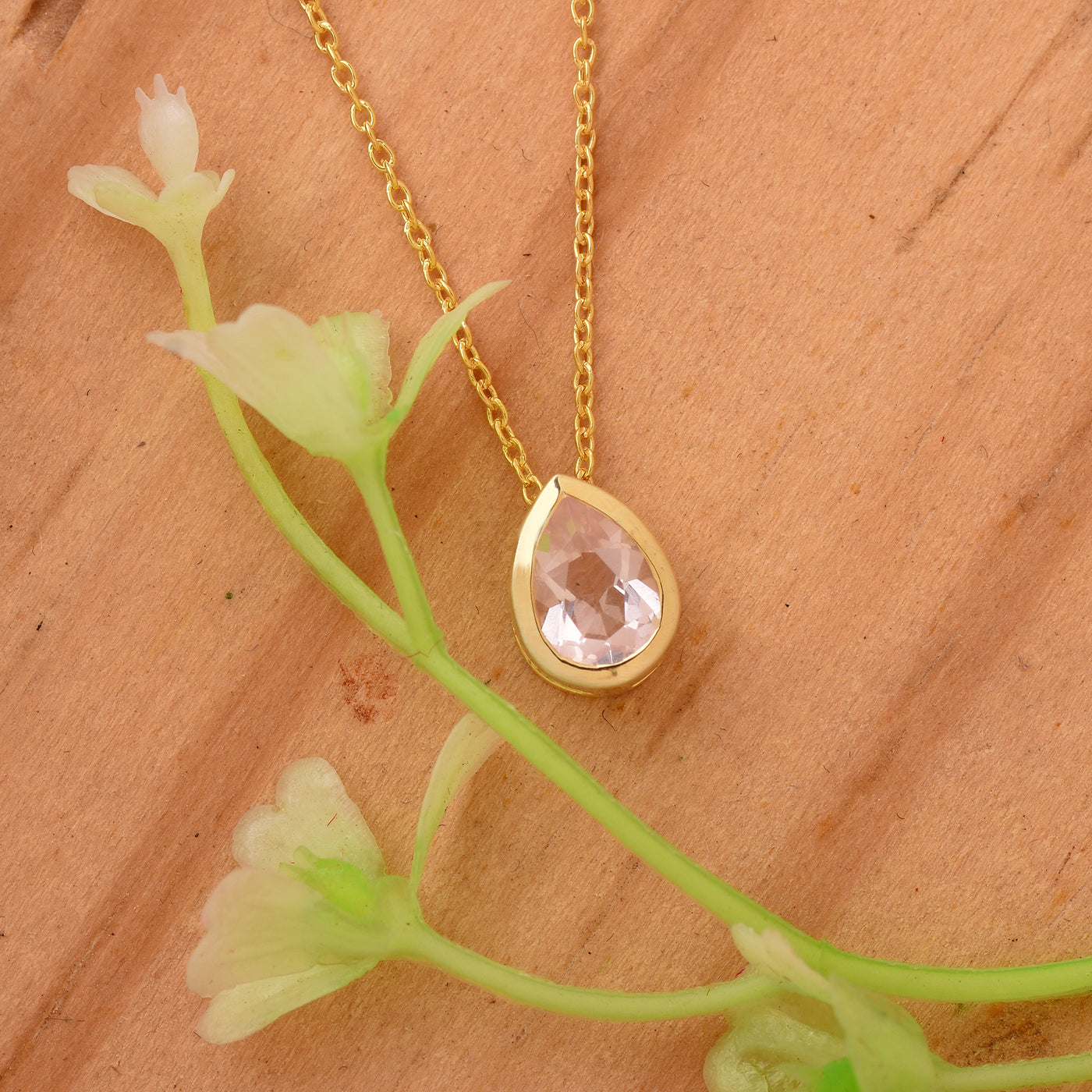 Pear Rose Quartz Solitaire Chain Necklace