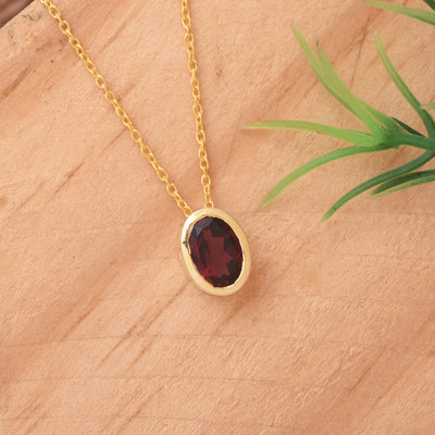 Oval Garnet Solitaire Silver Necklace