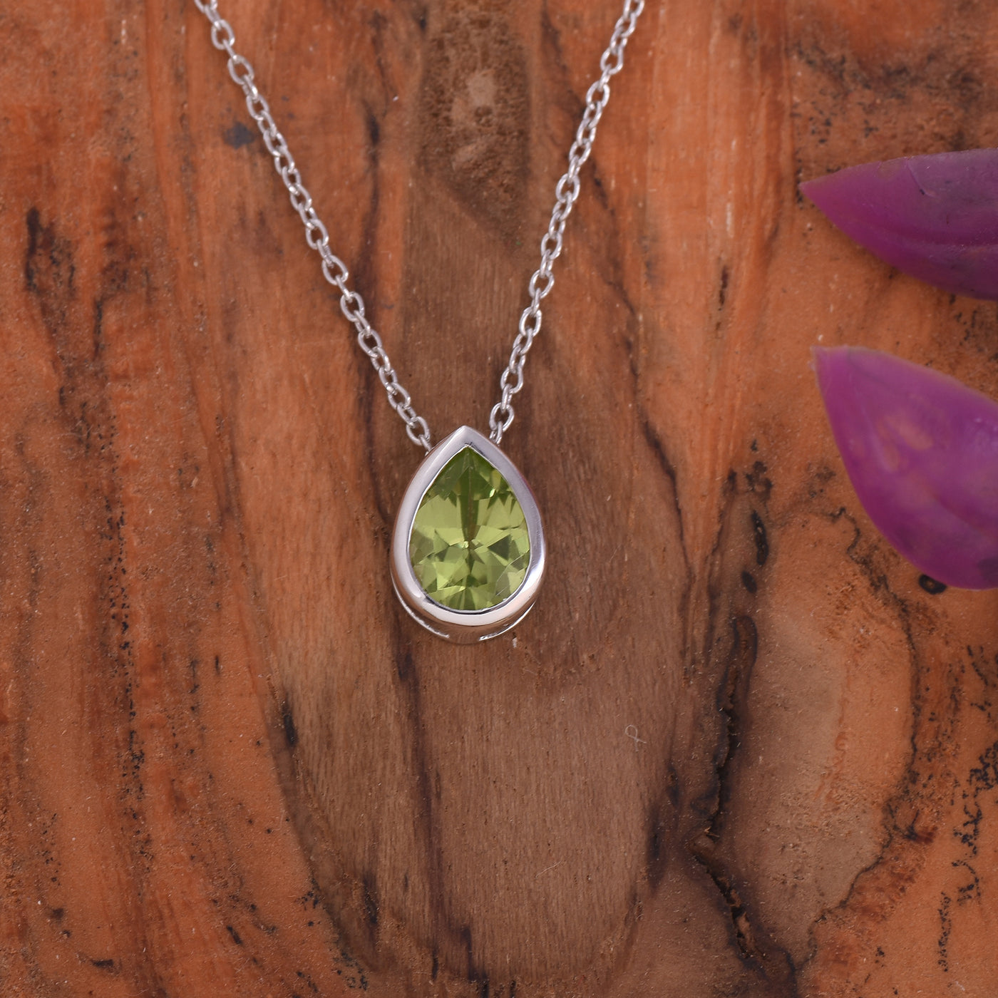 Green Peridot Solitaire Silver Necklace