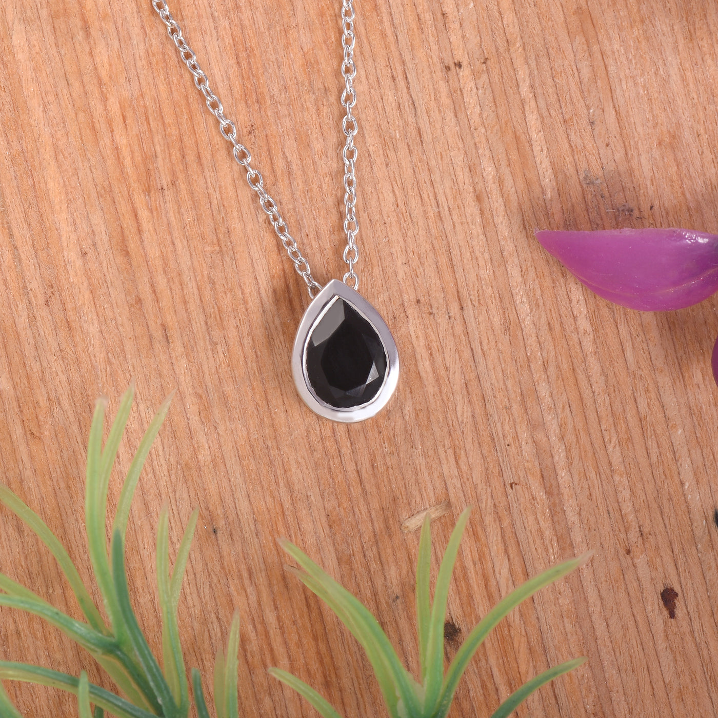 Pear Black Onyx Solitaire Chain Necklace