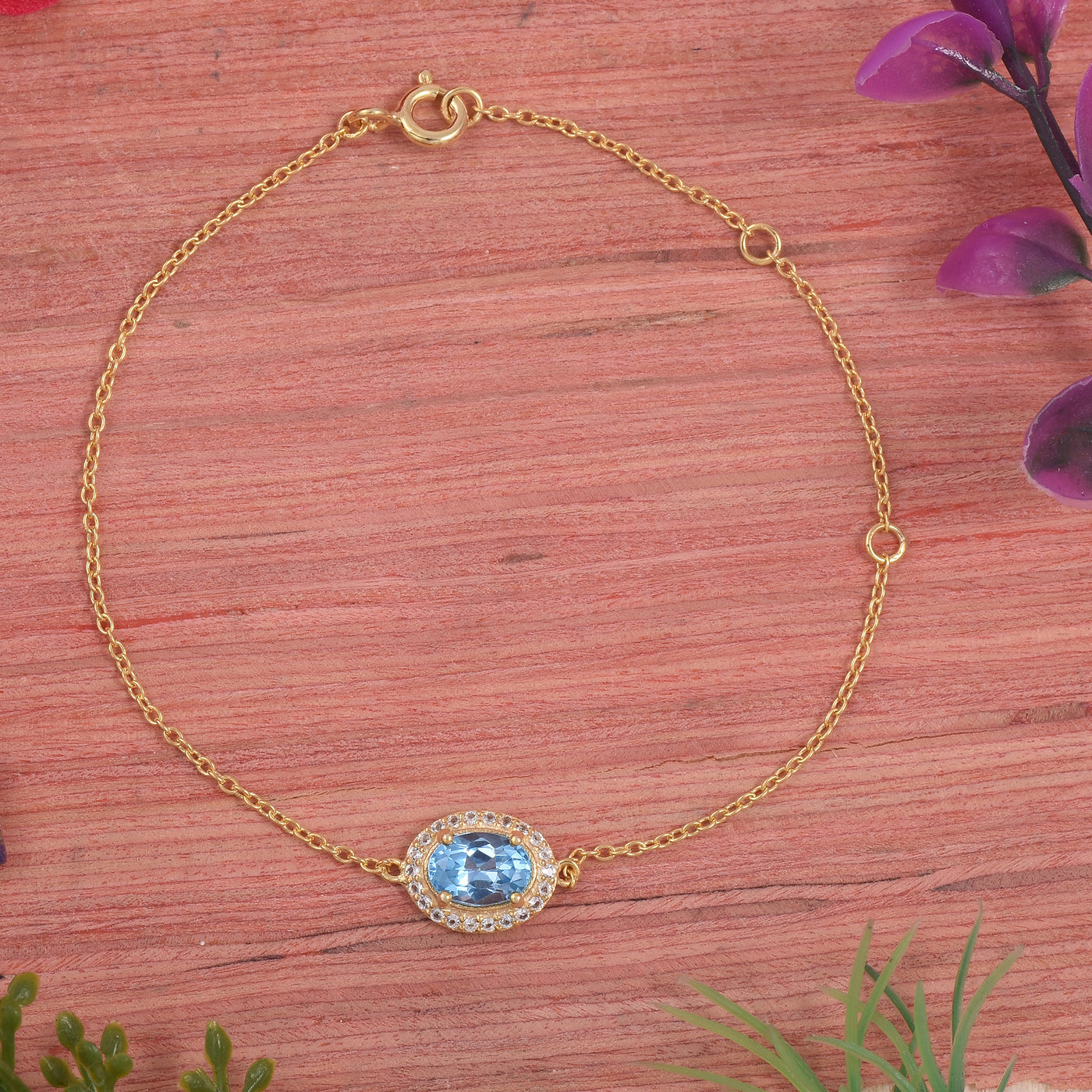 Oval Blue Topaz Halo Adujstable Bracelet