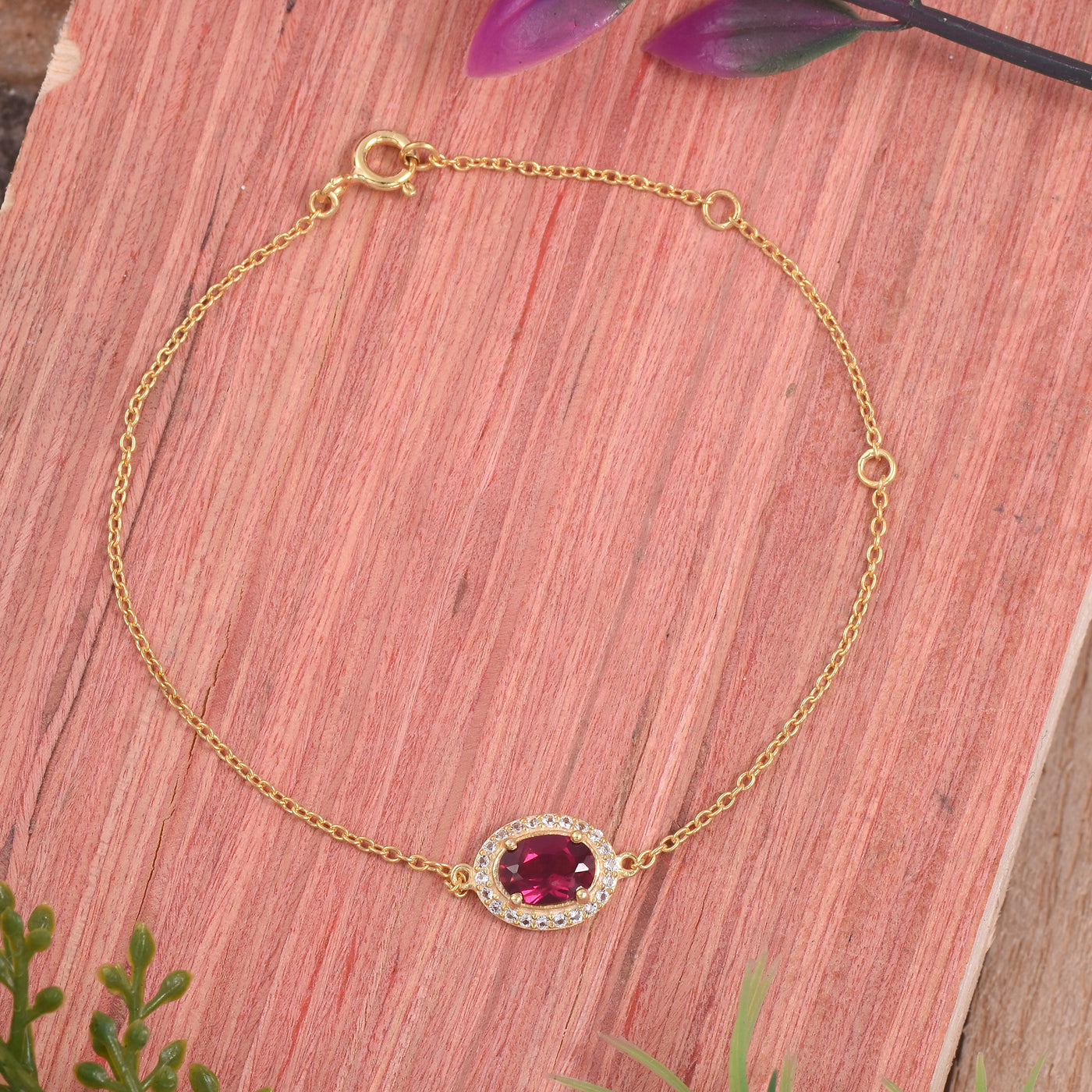 Oval Lab Ruby Halo Adujstable Bracelet